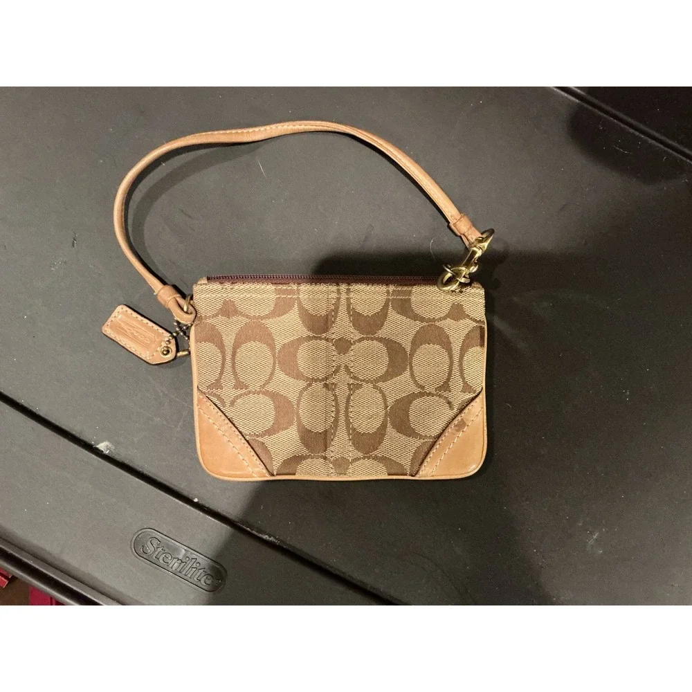 VTG Coach Signature Jacquard Wristlet Khaki Tan Leather Trim Monogram Small YKK